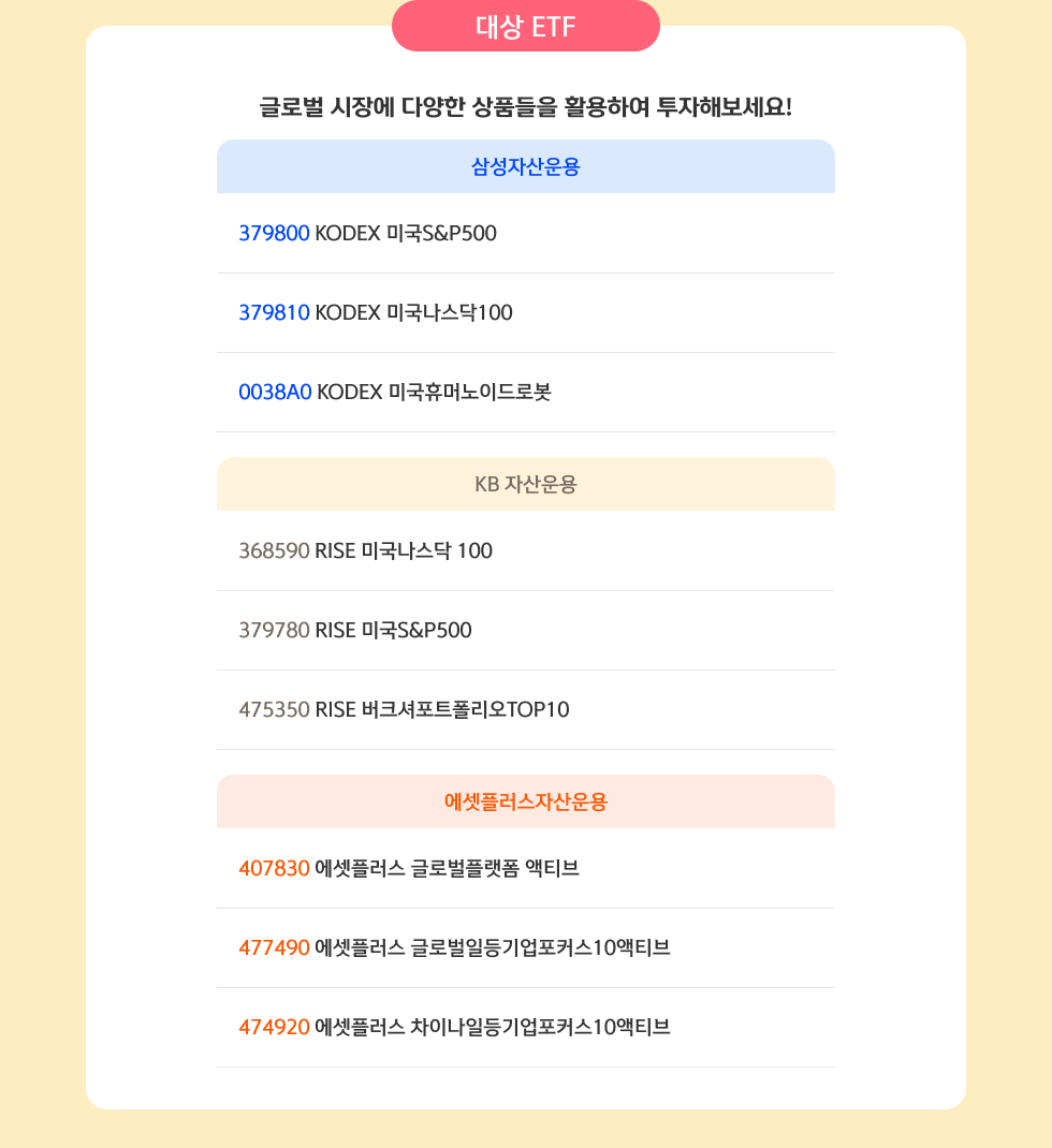 대상 ETF 글로벌 시장에 다양한 상품들을 활용하여 투자해보세요!