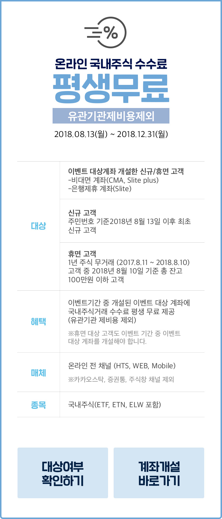 온라인 국내 주식 수수료 평생무료(유관기관제비용제외) - 기간 : 2018.08.13(월) ~ 2018.12.31(월)