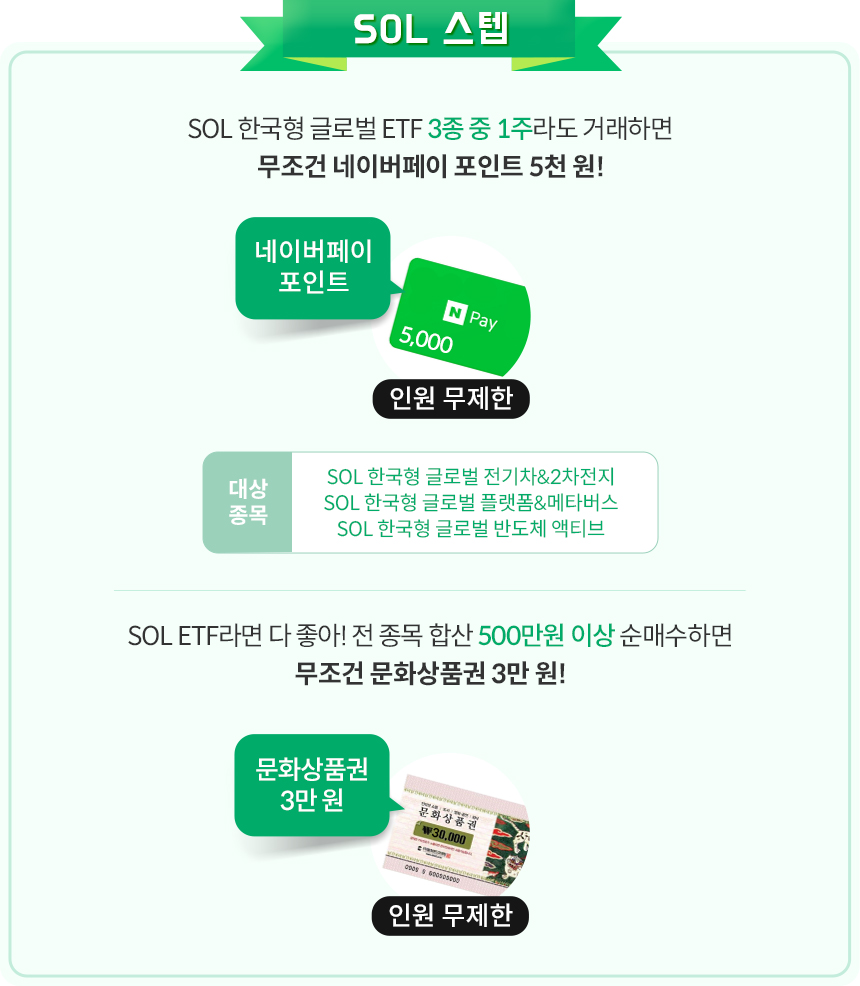 SOL스텝:SOL 한국형 글로벌 ETF 3종 중 1주라도 거래하면 무조건 네이버페이 포인트 5천원!